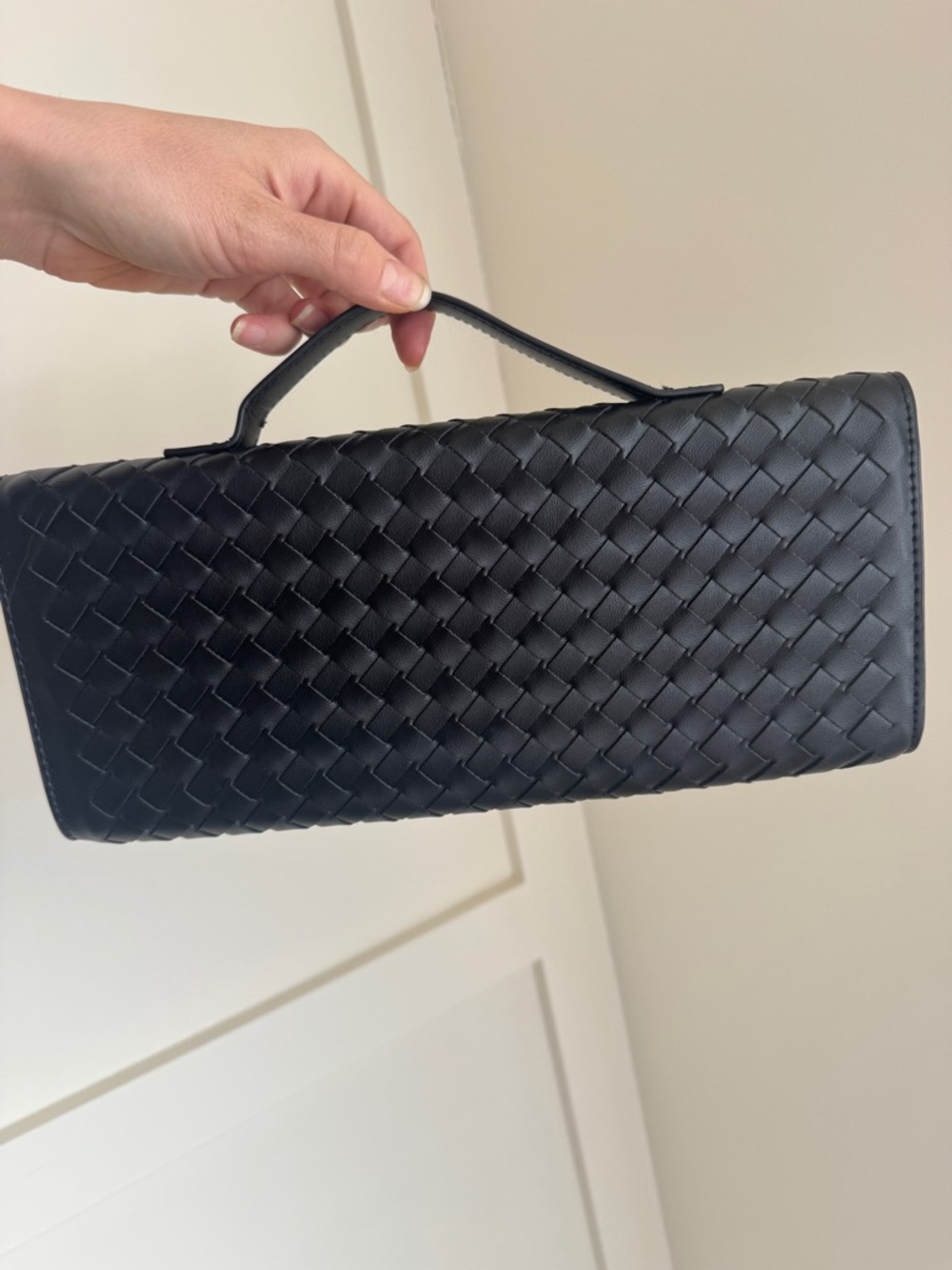Woven Black Leather Top-Handle Clutch - Picture 5 of 7